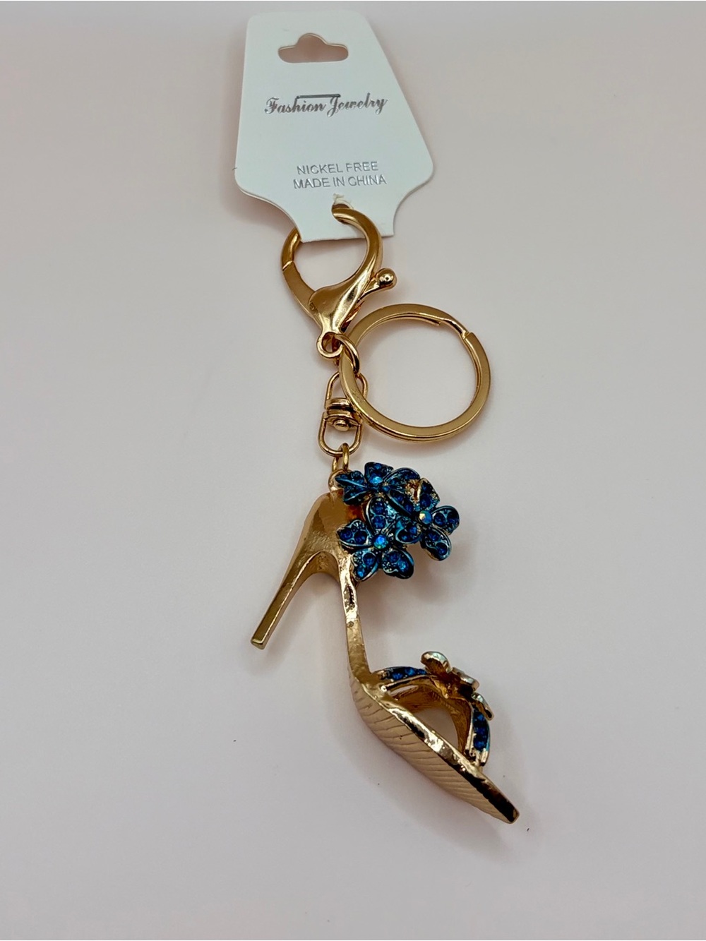 Bougie Gold High Heel Keychain with Blue Crystal Flower Accents